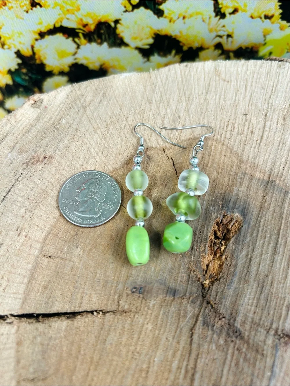 Handmade Green Beaded Dangle Earrings Earthy Glass Jewelry
